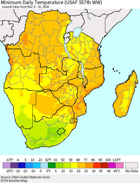 Southern Africa Minimum Daily Temperature (USAF 557th WW) Thematic Map For 3/4/2024 - 3/10/2024