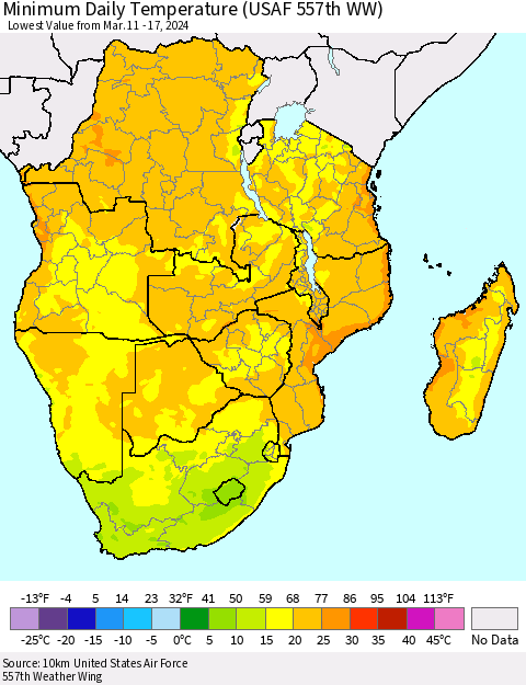 Southern Africa Minimum Daily Temperature (USAF 557th WW) Thematic Map For 3/11/2024 - 3/17/2024