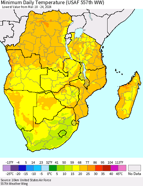 Southern Africa Minimum Daily Temperature (USAF 557th WW) Thematic Map For 3/18/2024 - 3/24/2024