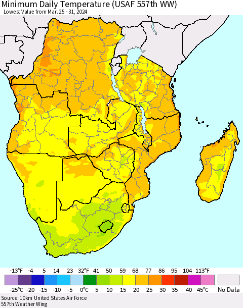 Southern Africa Minimum Daily Temperature (USAF 557th WW) Thematic Map For 3/25/2024 - 3/31/2024