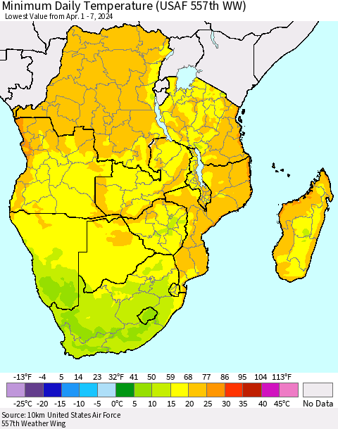 Southern Africa Minimum Daily Temperature (USAF 557th WW) Thematic Map For 4/1/2024 - 4/7/2024