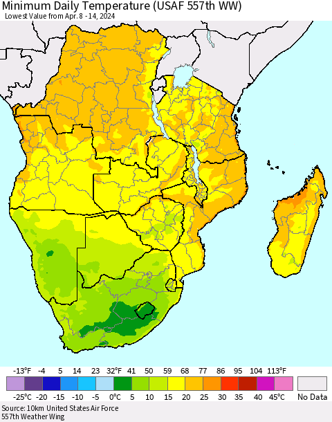 Southern Africa Minimum Daily Temperature (USAF 557th WW) Thematic Map For 4/8/2024 - 4/14/2024