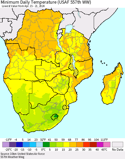 Southern Africa Minimum Daily Temperature (USAF 557th WW) Thematic Map For 4/15/2024 - 4/21/2024