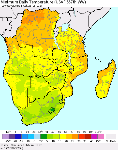 Southern Africa Minimum Daily Temperature (USAF 557th WW) Thematic Map For 4/22/2024 - 4/28/2024
