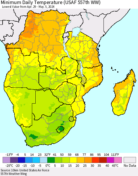 Southern Africa Minimum Daily Temperature (USAF 557th WW) Thematic Map For 4/29/2024 - 5/5/2024