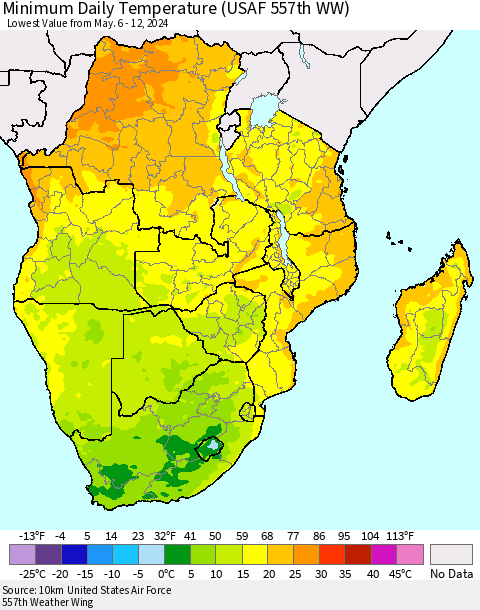 Southern Africa Minimum Daily Temperature (USAF 557th WW) Thematic Map For 5/6/2024 - 5/12/2024