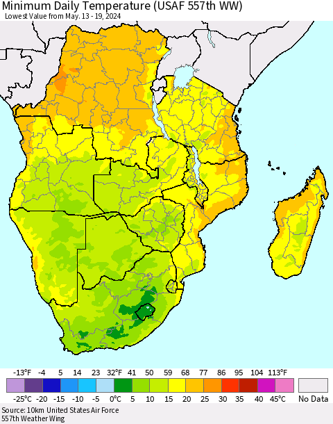 Southern Africa Minimum Daily Temperature (USAF 557th WW) Thematic Map For 5/13/2024 - 5/19/2024