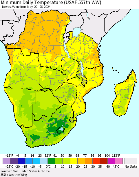 Southern Africa Minimum Daily Temperature (USAF 557th WW) Thematic Map For 5/20/2024 - 5/26/2024