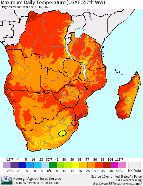 Southern Africa Maximum Daily Temperature (USAF 557th WW) Thematic Map For 4/4/2022 - 4/10/2022
