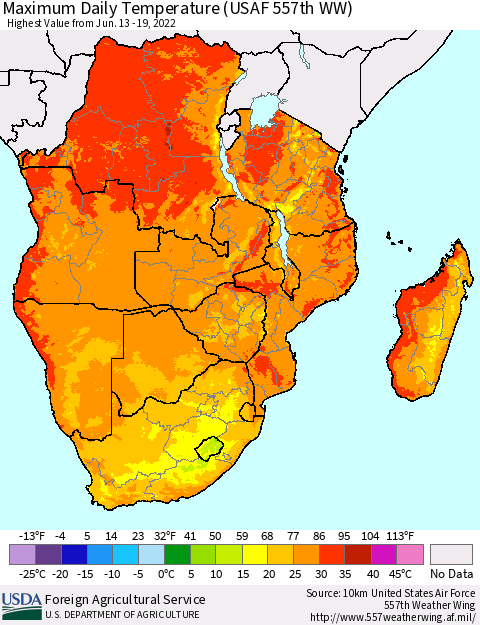 Southern Africa Maximum Daily Temperature (USAF 557th WW) Thematic Map For 6/13/2022 - 6/19/2022