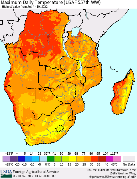 Southern Africa Maximum Daily Temperature (USAF 557th WW) Thematic Map For 7/4/2022 - 7/10/2022