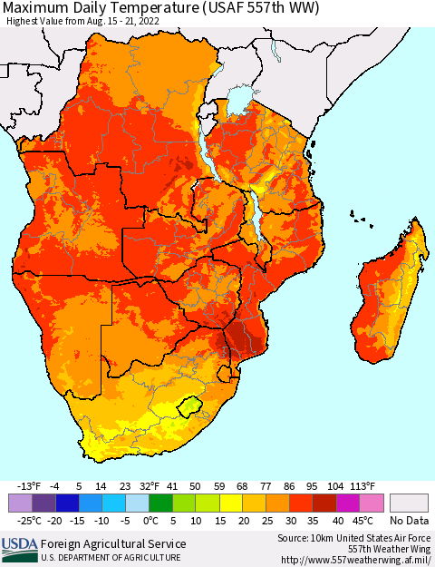 Southern Africa Maximum Daily Temperature (USAF 557th WW) Thematic Map For 8/15/2022 - 8/21/2022