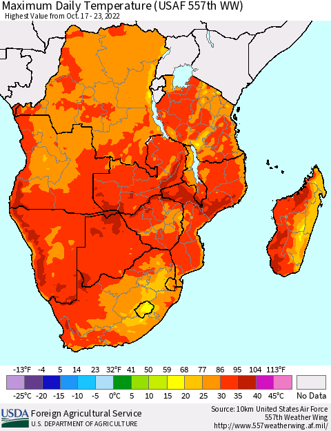Southern Africa Maximum Daily Temperature (USAF 557th WW) Thematic Map For 10/17/2022 - 10/23/2022