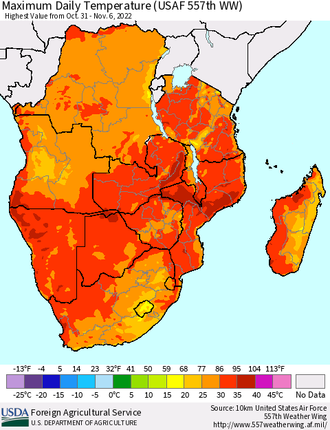 Southern Africa Maximum Daily Temperature (USAF 557th WW) Thematic Map For 10/31/2022 - 11/6/2022