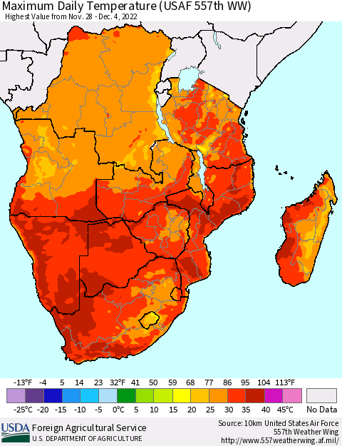 Southern Africa Maximum Daily Temperature (USAF 557th WW) Thematic Map For 11/28/2022 - 12/4/2022