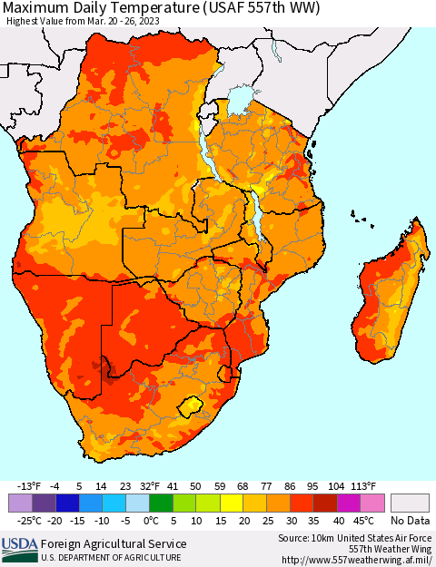 Southern Africa Maximum Daily Temperature (USAF 557th WW) Thematic Map For 3/20/2023 - 3/26/2023