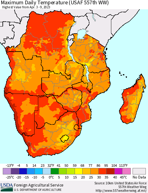 Southern Africa Maximum Daily Temperature (USAF 557th WW) Thematic Map For 4/3/2023 - 4/9/2023
