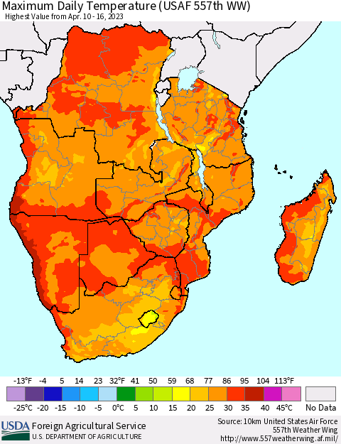 Southern Africa Maximum Daily Temperature (USAF 557th WW) Thematic Map For 4/10/2023 - 4/16/2023