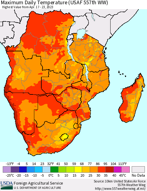 Southern Africa Maximum Daily Temperature (USAF 557th WW) Thematic Map For 4/17/2023 - 4/23/2023