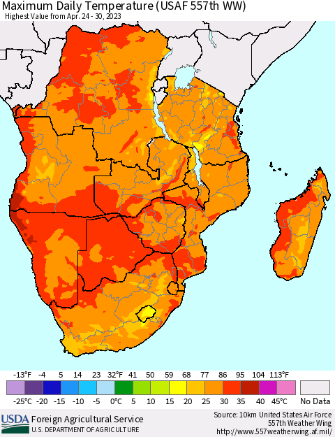 Southern Africa Maximum Daily Temperature (USAF 557th WW) Thematic Map For 4/24/2023 - 4/30/2023
