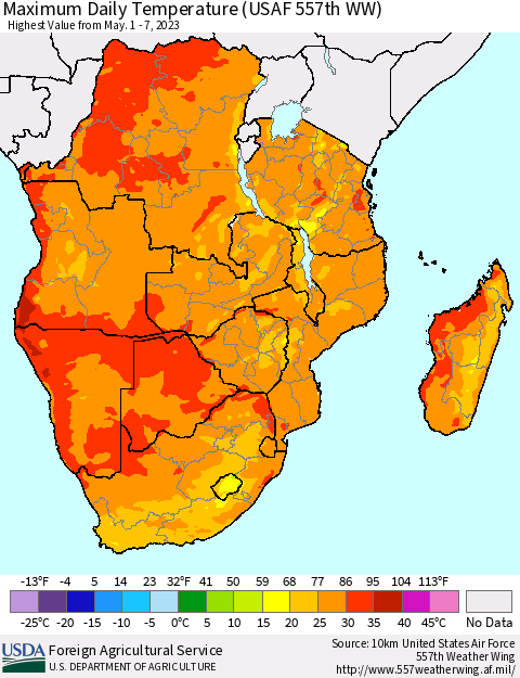 Southern Africa Maximum Daily Temperature (USAF 557th WW) Thematic Map For 5/1/2023 - 5/7/2023
