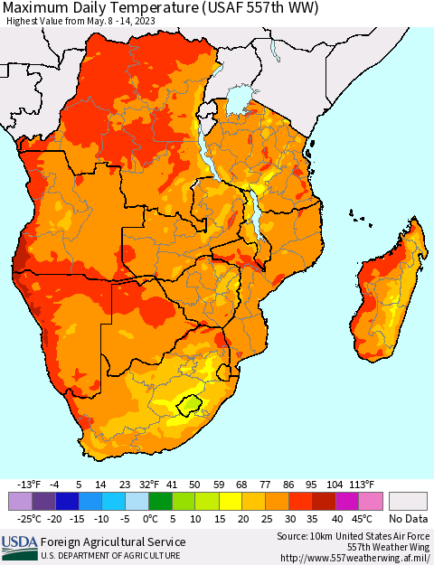 Southern Africa Maximum Daily Temperature (USAF 557th WW) Thematic Map For 5/8/2023 - 5/14/2023