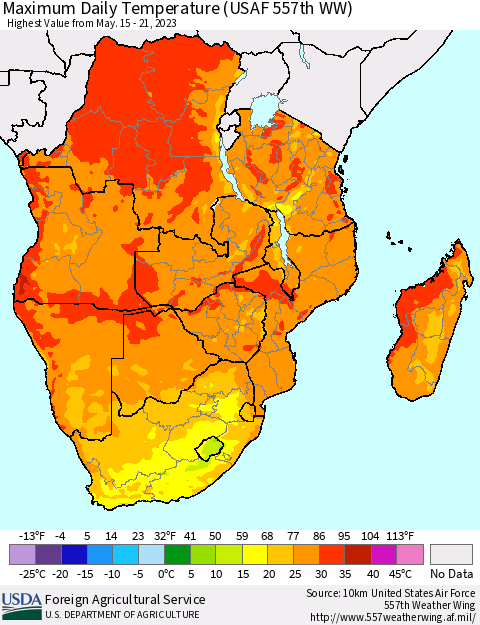 Southern Africa Maximum Daily Temperature (USAF 557th WW) Thematic Map For 5/15/2023 - 5/21/2023