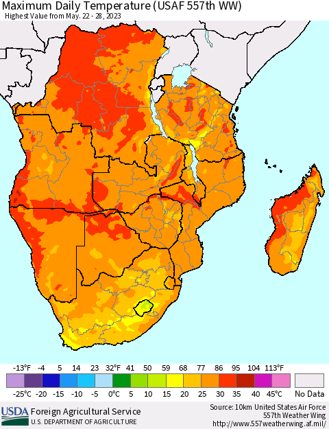 Southern Africa Maximum Daily Temperature (USAF 557th WW) Thematic Map For 5/22/2023 - 5/28/2023