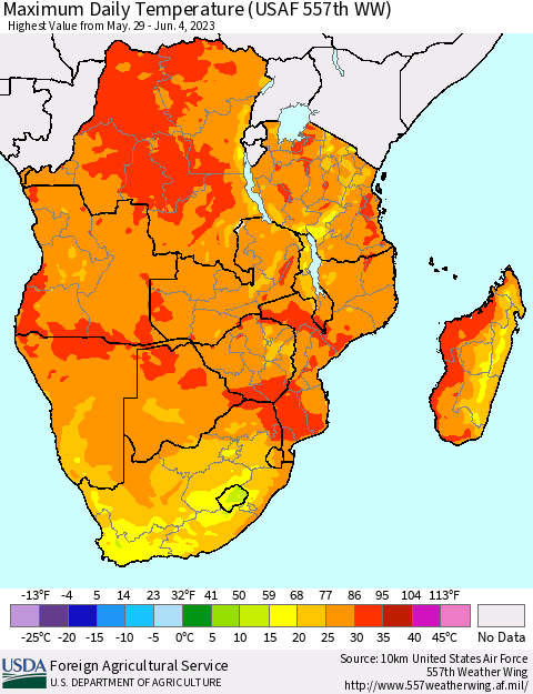 Southern Africa Maximum Daily Temperature (USAF 557th WW) Thematic Map For 5/29/2023 - 6/4/2023