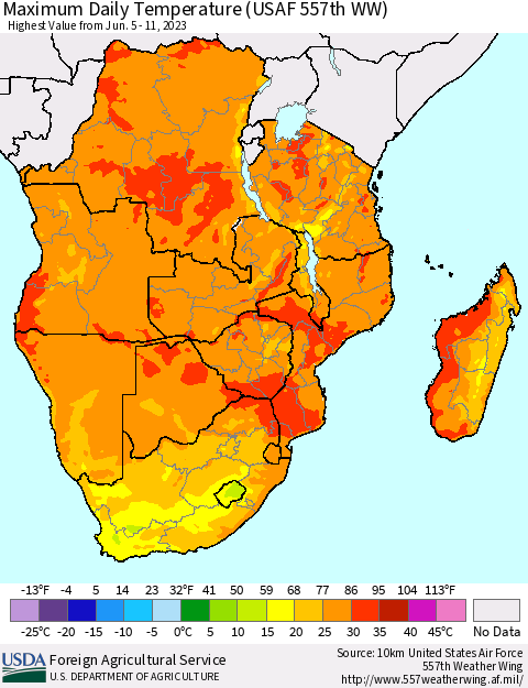 Southern Africa Maximum Daily Temperature (USAF 557th WW) Thematic Map For 6/5/2023 - 6/11/2023