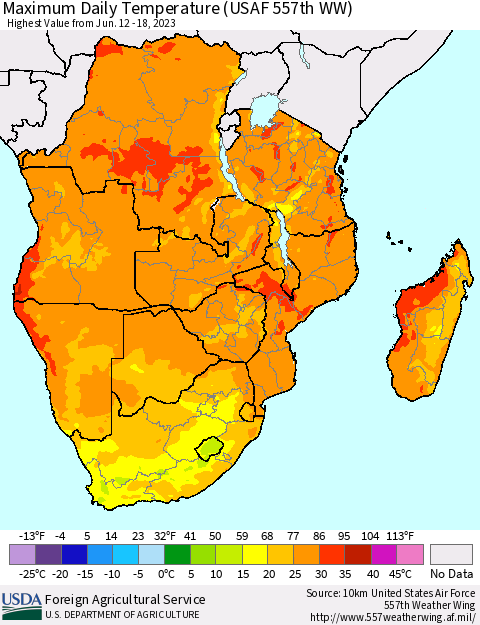 Southern Africa Maximum Daily Temperature (USAF 557th WW) Thematic Map For 6/12/2023 - 6/18/2023