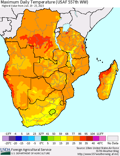 Southern Africa Maximum Daily Temperature (USAF 557th WW) Thematic Map For 6/19/2023 - 6/25/2023