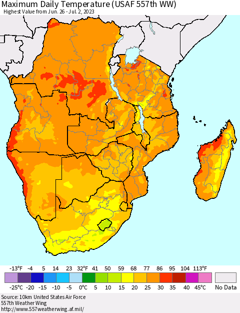 Southern Africa Maximum Daily Temperature (USAF 557th WW) Thematic Map For 6/26/2023 - 7/2/2023