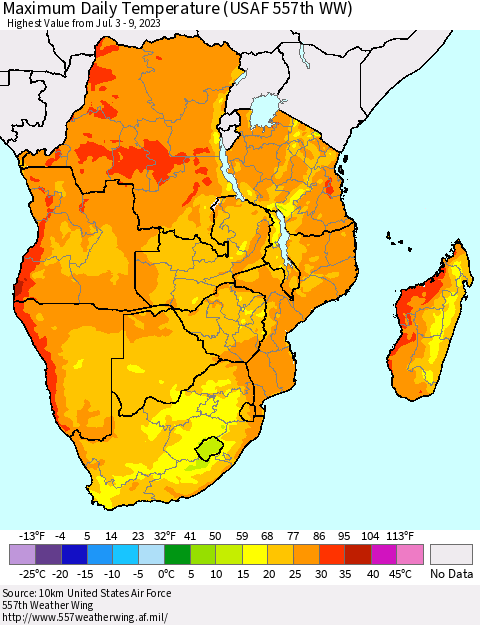 Southern Africa Maximum Daily Temperature (USAF 557th WW) Thematic Map For 7/3/2023 - 7/9/2023
