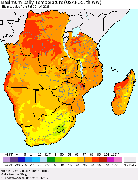 Southern Africa Maximum Daily Temperature (USAF 557th WW) Thematic Map For 7/10/2023 - 7/16/2023