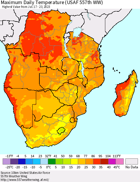 Southern Africa Maximum Daily Temperature (USAF 557th WW) Thematic Map For 7/17/2023 - 7/23/2023