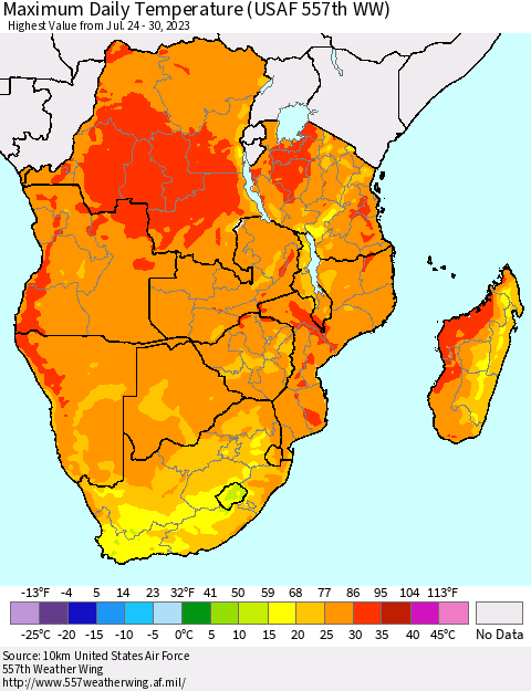Southern Africa Maximum Daily Temperature (USAF 557th WW) Thematic Map For 7/24/2023 - 7/30/2023