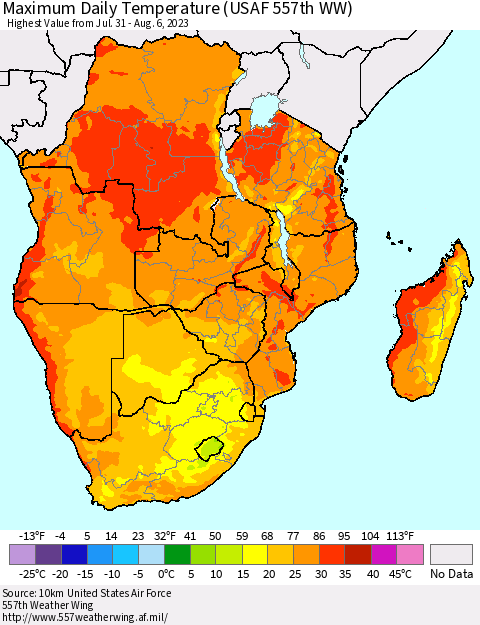 Southern Africa Maximum Daily Temperature (USAF 557th WW) Thematic Map For 7/31/2023 - 8/6/2023