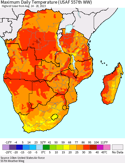 Southern Africa Maximum Daily Temperature (USAF 557th WW) Thematic Map For 8/14/2023 - 8/20/2023