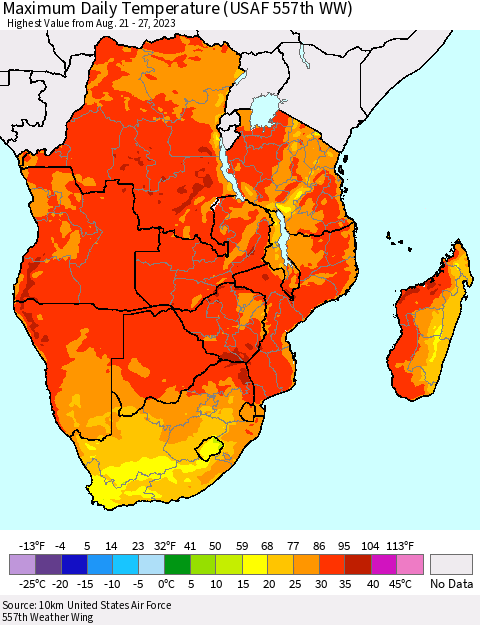 Southern Africa Maximum Daily Temperature (USAF 557th WW) Thematic Map For 8/21/2023 - 8/27/2023