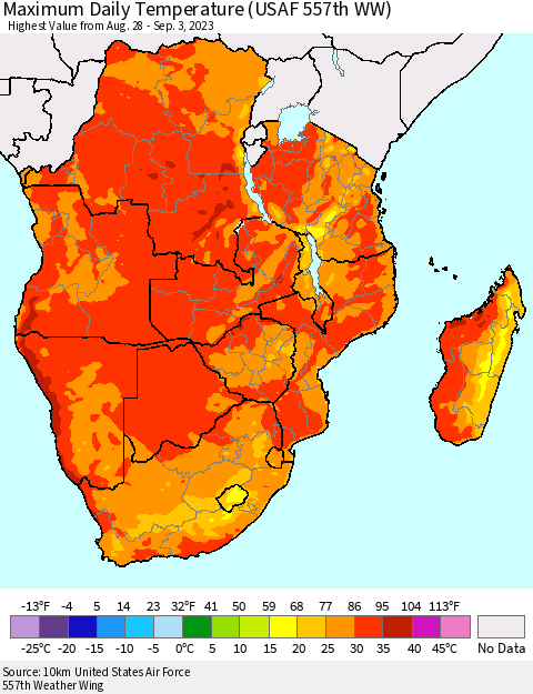 Southern Africa Maximum Daily Temperature (USAF 557th WW) Thematic Map For 8/28/2023 - 9/3/2023