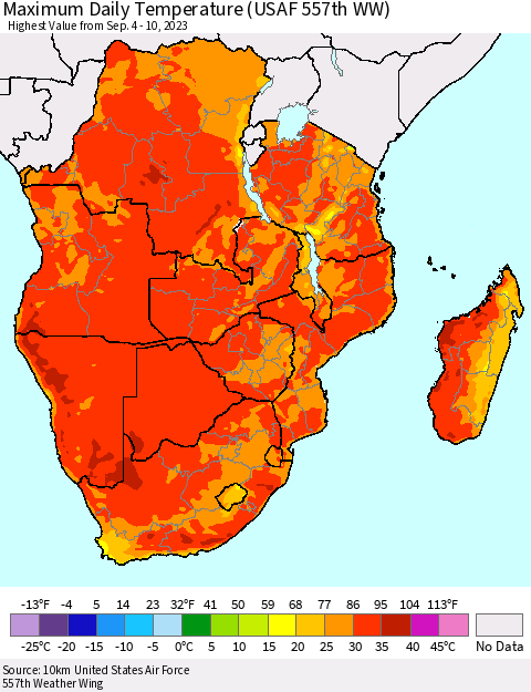 Southern Africa Maximum Daily Temperature (USAF 557th WW) Thematic Map For 9/4/2023 - 9/10/2023