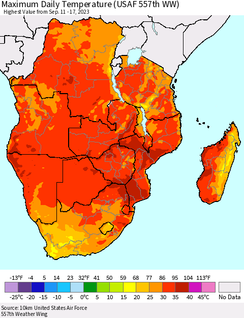 Southern Africa Maximum Daily Temperature (USAF 557th WW) Thematic Map For 9/11/2023 - 9/17/2023