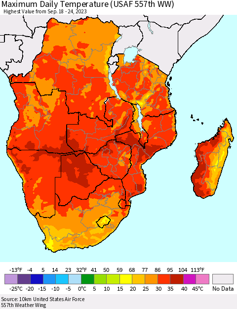 Southern Africa Maximum Daily Temperature (USAF 557th WW) Thematic Map For 9/18/2023 - 9/24/2023
