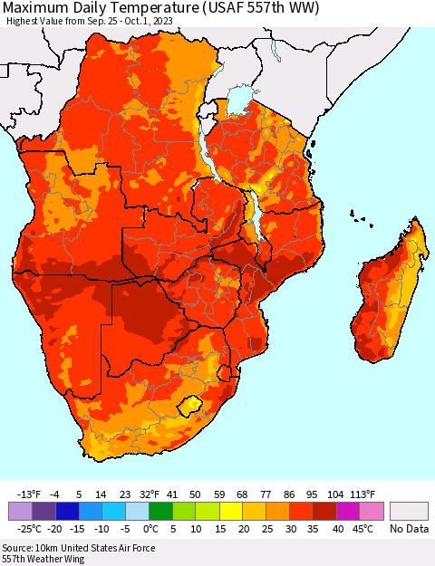 Southern Africa Maximum Daily Temperature (USAF 557th WW) Thematic Map For 9/25/2023 - 10/1/2023
