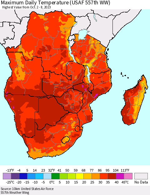 Southern Africa Maximum Daily Temperature (USAF 557th WW) Thematic Map For 10/2/2023 - 10/8/2023