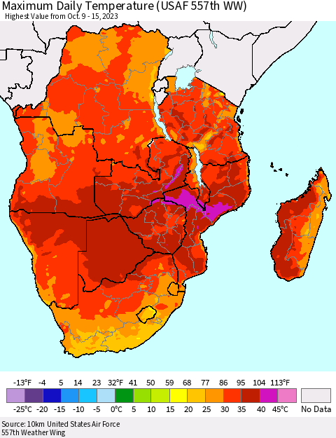 Southern Africa Maximum Daily Temperature (USAF 557th WW) Thematic Map For 10/9/2023 - 10/15/2023