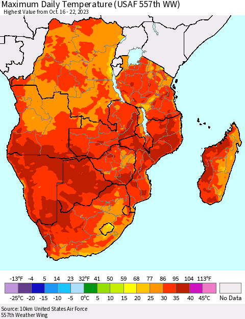Southern Africa Maximum Daily Temperature (USAF 557th WW) Thematic Map For 10/16/2023 - 10/22/2023