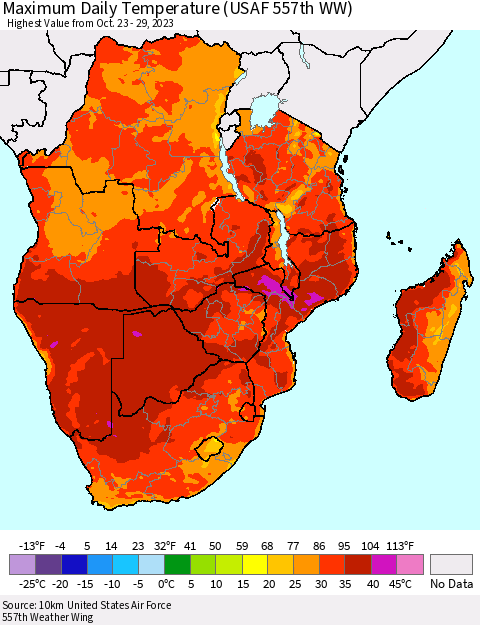 Southern Africa Maximum Daily Temperature (USAF 557th WW) Thematic Map For 10/23/2023 - 10/29/2023