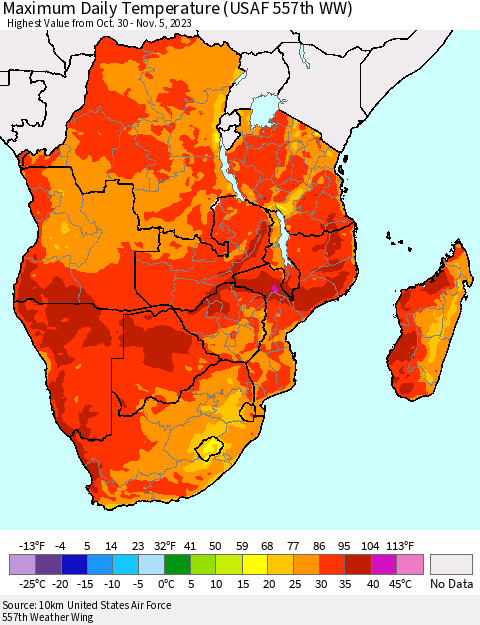 Southern Africa Maximum Daily Temperature (USAF 557th WW) Thematic Map For 10/30/2023 - 11/5/2023